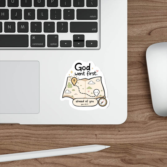 Cute Genesis 45:7 Christian sticker featuring a map with a path leading to a cross, a compass and the words God Went First Ahead Of You.