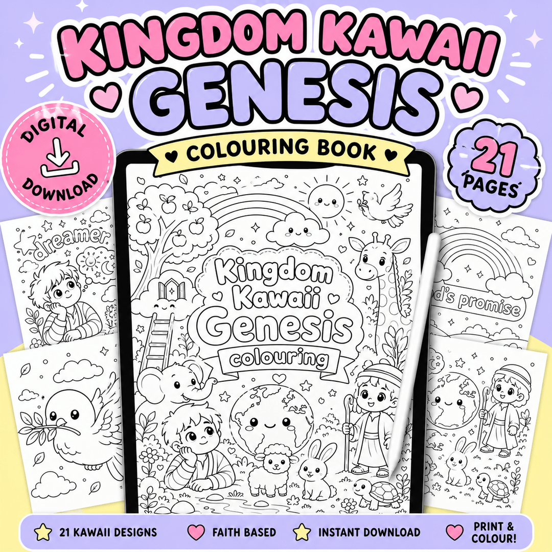 Kingdom Kawaii Genesis colouring book printable featuring 21 cute Bible colouring pages for children inspired by the Book of Genesis.