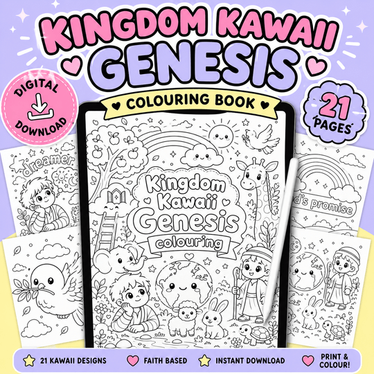 Kingdom Kawaii Genesis colouring book printable featuring 21 cute Bible colouring pages for children inspired by the Book of Genesis.