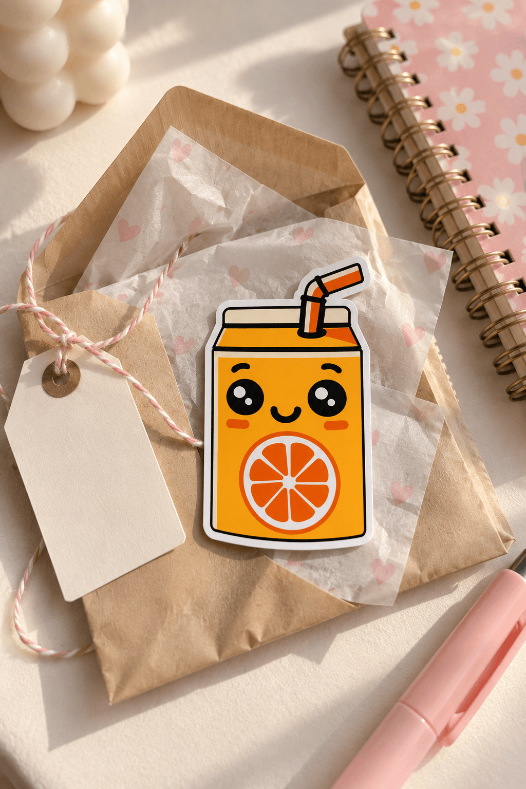 A cute die-cut sticker of a smiling orange juice can with a slice of orange on the front, displayed on a brown kraft paper envelope with a blank tag on a styled desk.