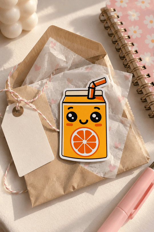 A cute die-cut sticker of a smiling orange juice can with a slice of orange on the front, displayed on a brown kraft paper envelope with a blank tag on a styled desk.