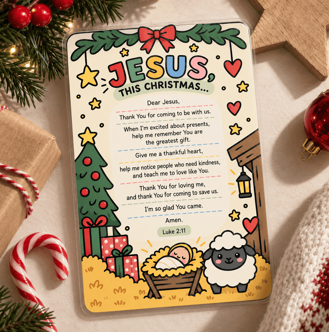 A Christmas-themed greeting card featuring a colorful illustration of Jesus in a stable, a decorated tree, gifts, and the text &