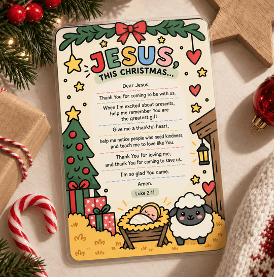 A Christmas-themed greeting card featuring a colorful illustration of Jesus in a stable, a decorated tree, gifts, and the text &