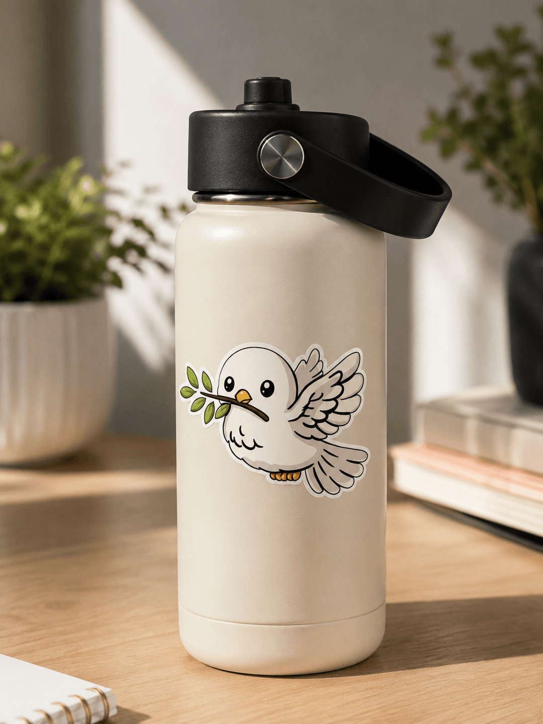 A cream-colored insulated water bottle with a black lid and carry loop, featuring a cartoon dove holding an olive branch sticker on the front, set on a wooden desk with a blurred background.