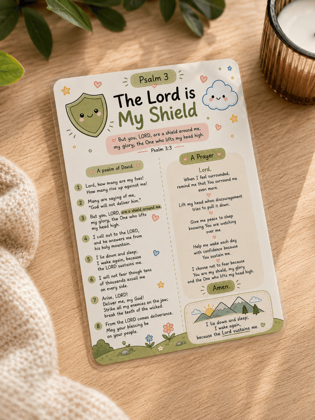 A printed card with a cute cartoon design featuring Psalm 3, titled &