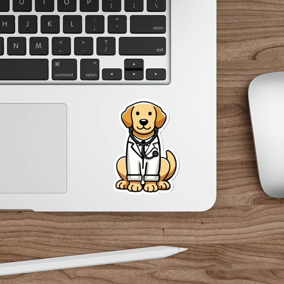 A cute, illustrated sticker of a golden retriever dressed as a doctor, wearing a white lab coat and stethoscope, placed on a sleek laptop near a keyboard and mouse on a wooden desk.