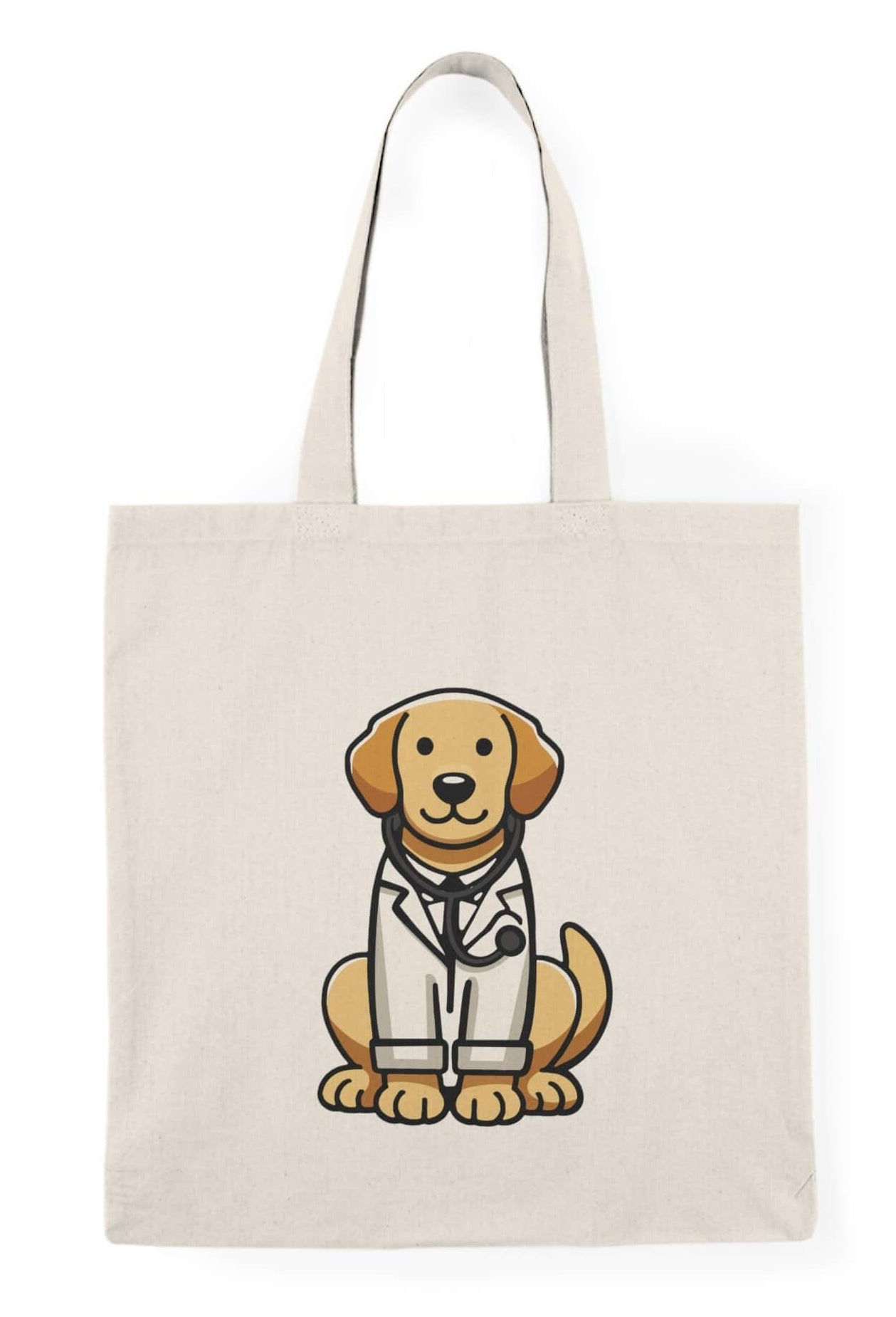 A stylish tote bag featuring an adorable illustration of a golden retriever dressed as a doctor, wearing a white lab coat and stethoscope. The bag is made from 100% recycled cotton with a natural finish, measuring 40 x 38 cm (15.7 x 15 inches).