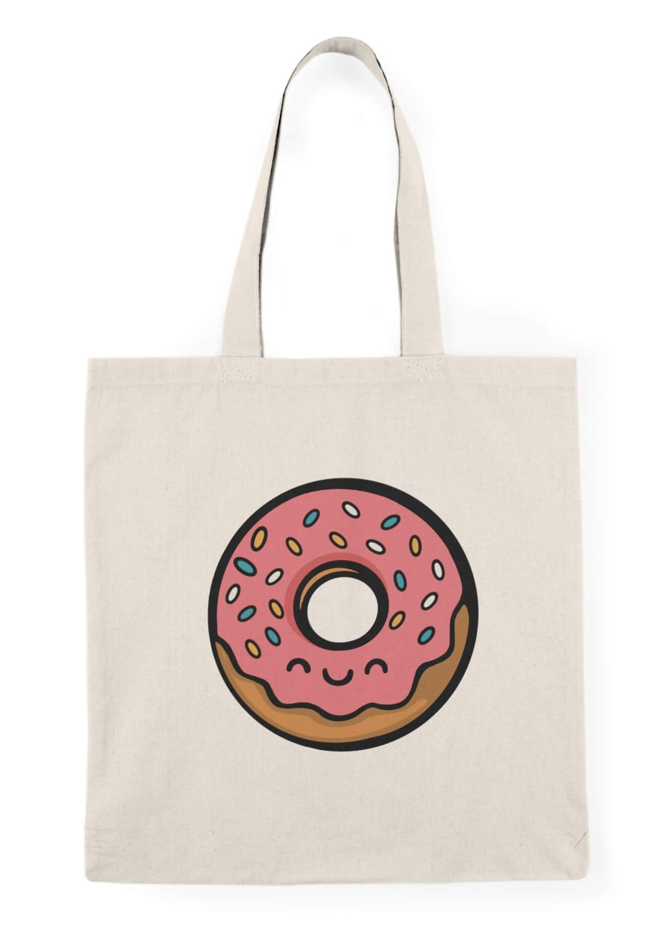 Canvas tote bag with a cute pink frosted donut illustration, complete with sprinkles and a smiling kawaii face, printed on a neutral beige background.