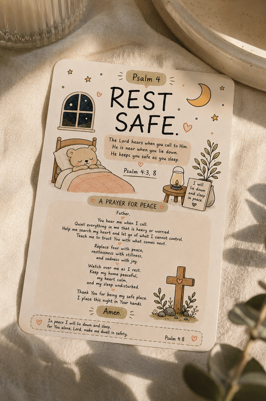 Psalm 4 Rest Safe Christian prayer card featuring sleeping bear, cross and Bible verse Psalm 4:8