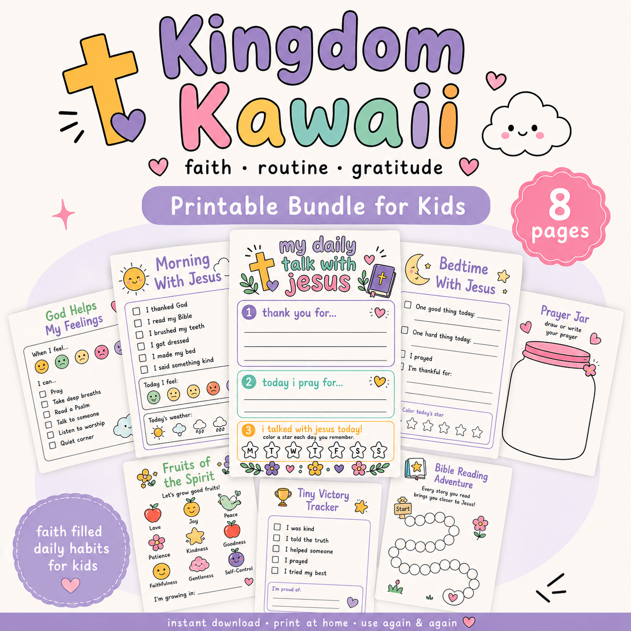 Kingdom Kawaii printable bundle for kids featuring Christian faith worksheets, prayer journal pages, Bible reading tracker and daily routine printables.