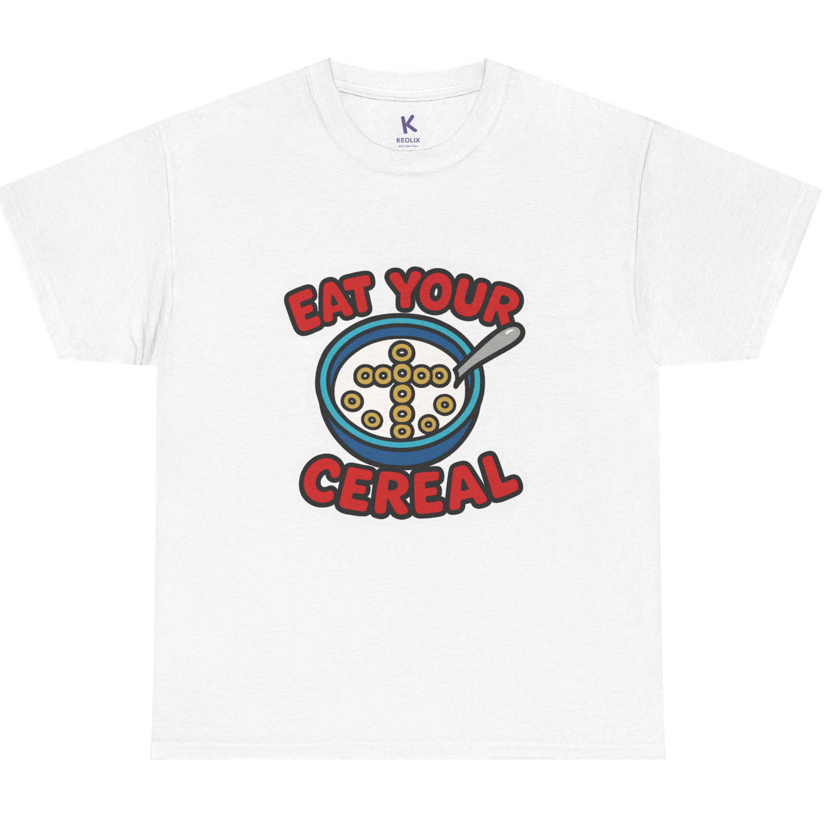 White unisex t-shirt with a cartoon cereal bowl and red ‘Eat Your Cereal’ text. Christian-themed funny graphic tee.