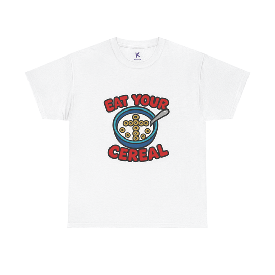 White unisex t-shirt with a cartoon cereal bowl and red ‘Eat Your Cereal’ text. Christian-themed funny graphic tee.