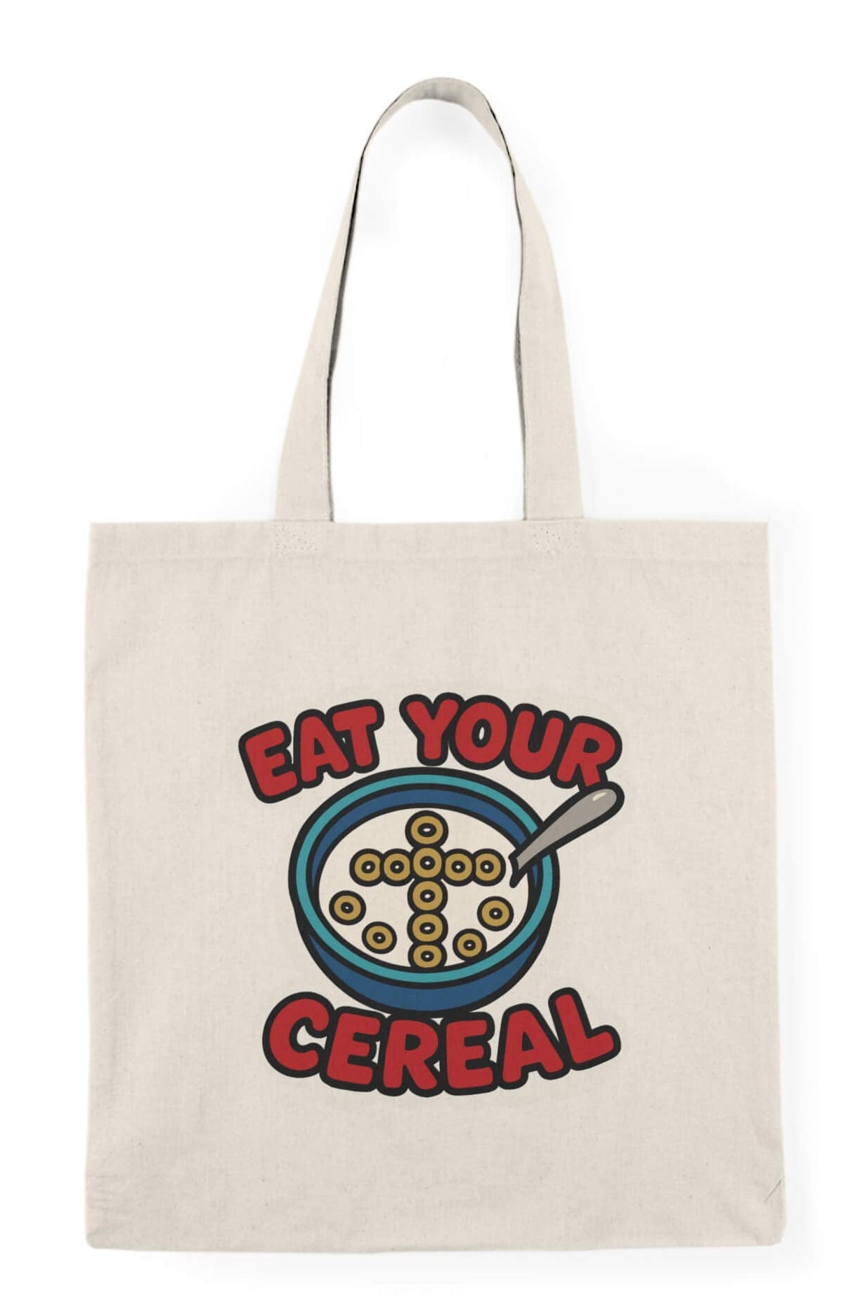 Faith-inspired funny tote bag with ‘Eat Your Cereal’ design featuring a cross made of cereal in a bowl – reusable cotton bag by Keolix