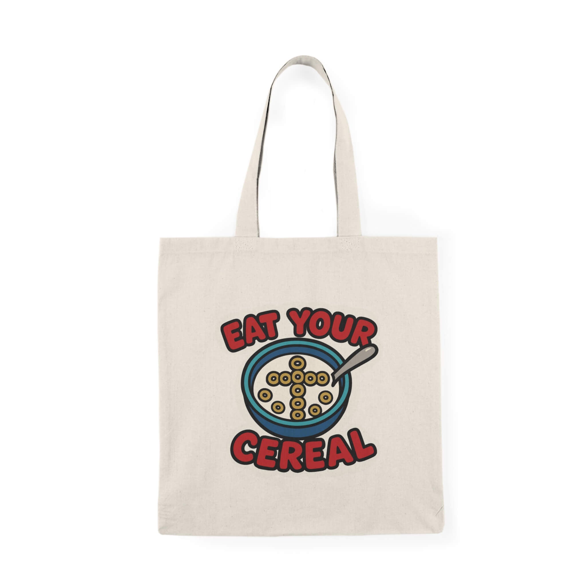 Faith-inspired funny tote bag with ‘Eat Your Cereal’ design featuring a cross made of cereal in a bowl – reusable cotton bag by Keolix