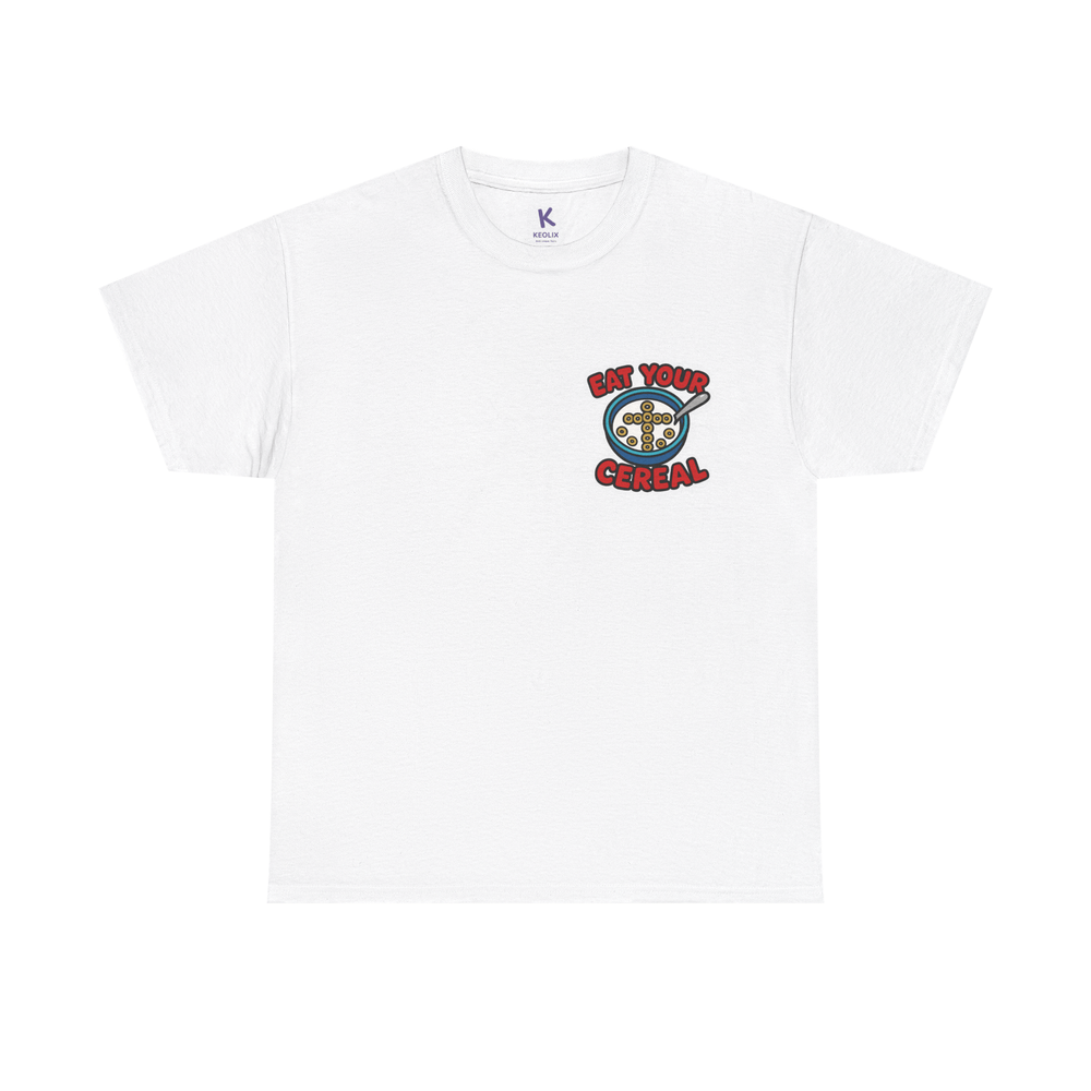 White unisex t-shirt with a cartoon cereal bowl and red ‘Eat Your Cereal’ text. Christian-themed funny graphic tee.