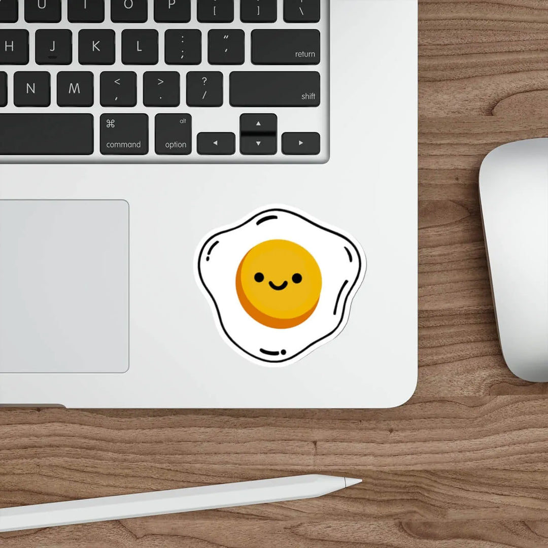 A cute waterproof egg sticker featuring a smiling fried egg design, perfect for decorating laptops, skateboards, and notebooks. Available in single or packs.

