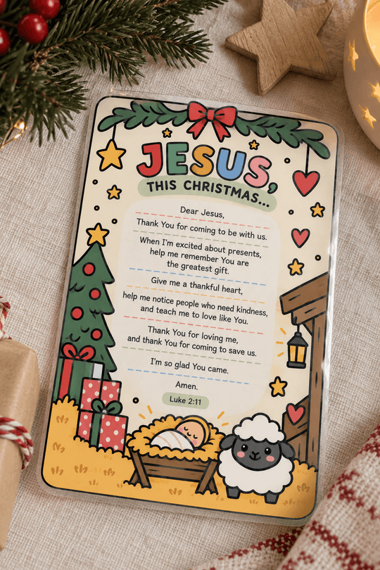 A personalized Christmas greeting card featuring a cartoon sheep, a manger, a tree, and a Bible verse, styled on a textured beige fabric with holiday greenery and a wooden star.