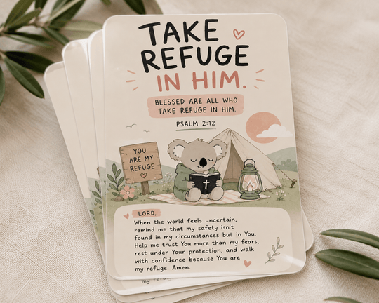 Take Refuge in Him laminated prayer card featuring Psalm 2:12 with cute koala reading a Bible beside a camping tent