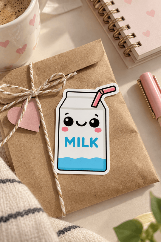 A cute milk carton sticker with a smiling face and pink straw, placed on a brown kraft paper envelope tied with twine in a styled desk scene.