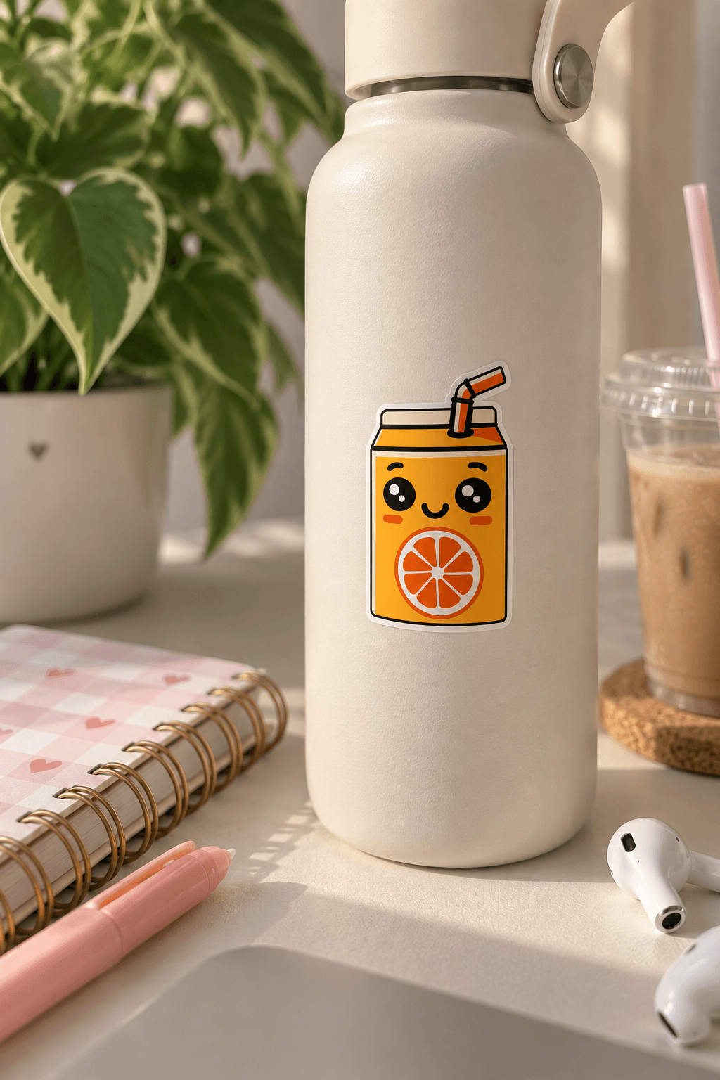 A white insulated water bottle with a cute orange juice can graphic on the front, styled on a desk with a notebook, plant, earbuds, and an iced coffee.