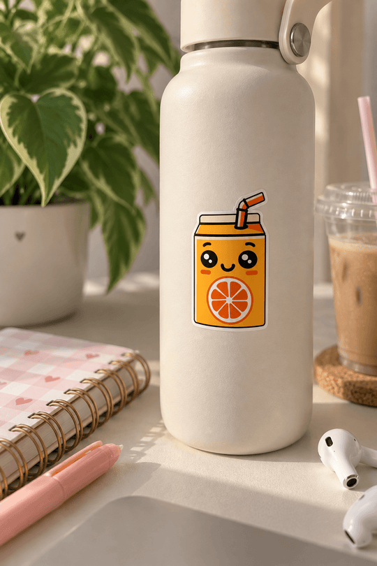 A white insulated water bottle with a cute orange juice can graphic on the front, styled on a desk with a notebook, plant, earbuds, and an iced coffee.