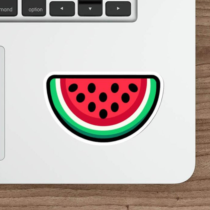 Watermelon sticker design with vibrant red flesh, black seeds, and green rind, featuring a glossy finish. Durable and waterproof, perfect for laptops, water bottles, and personalizing your space