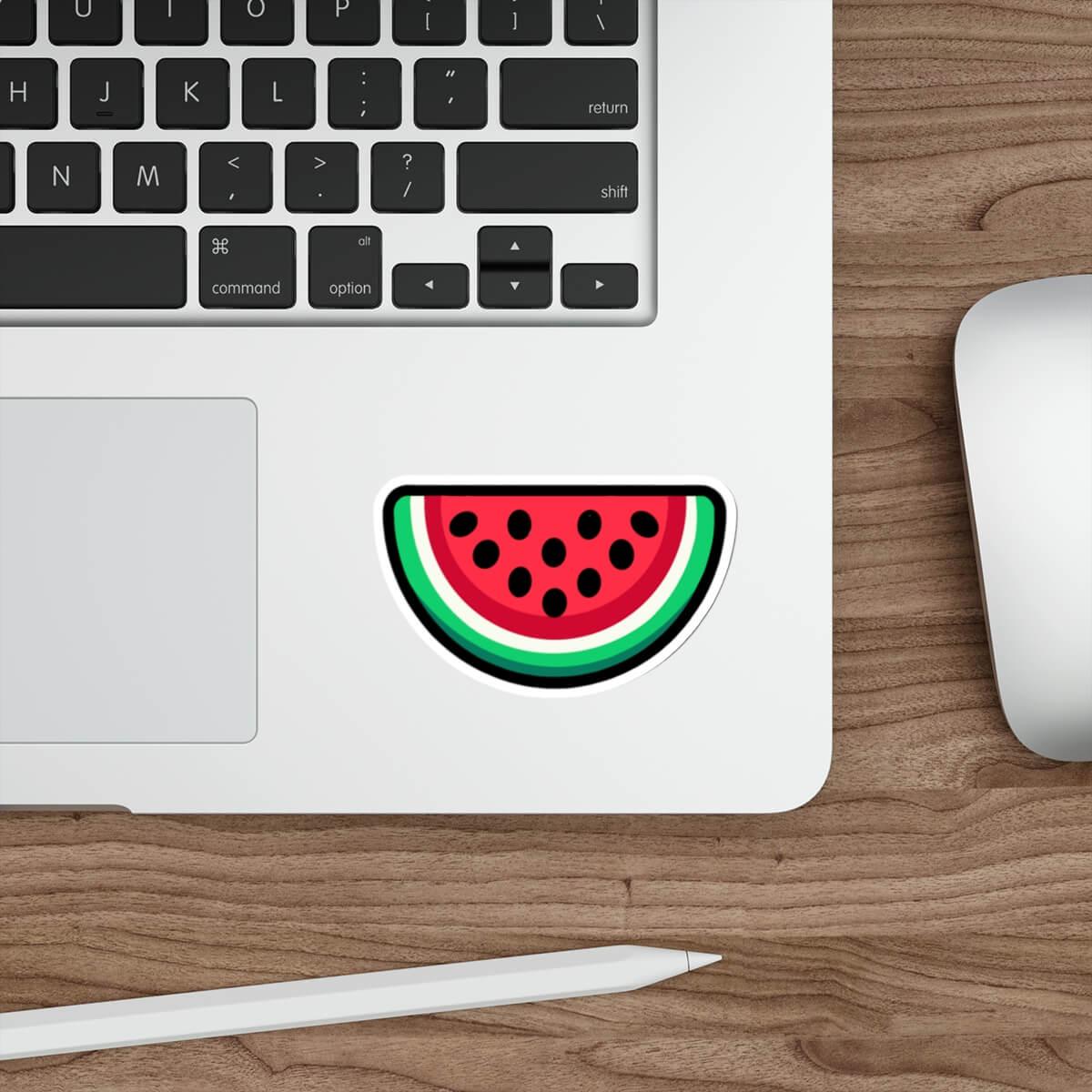 Watermelon sticker design with vibrant red flesh, black seeds, and green rind, featuring a glossy finish. Durable and waterproof, perfect for laptops, water bottles, and personalizing your space