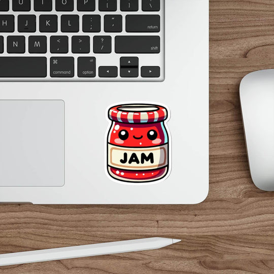 Cute kawaii-style jam jar sticker with a smiling face, red and white stripes, and the word &