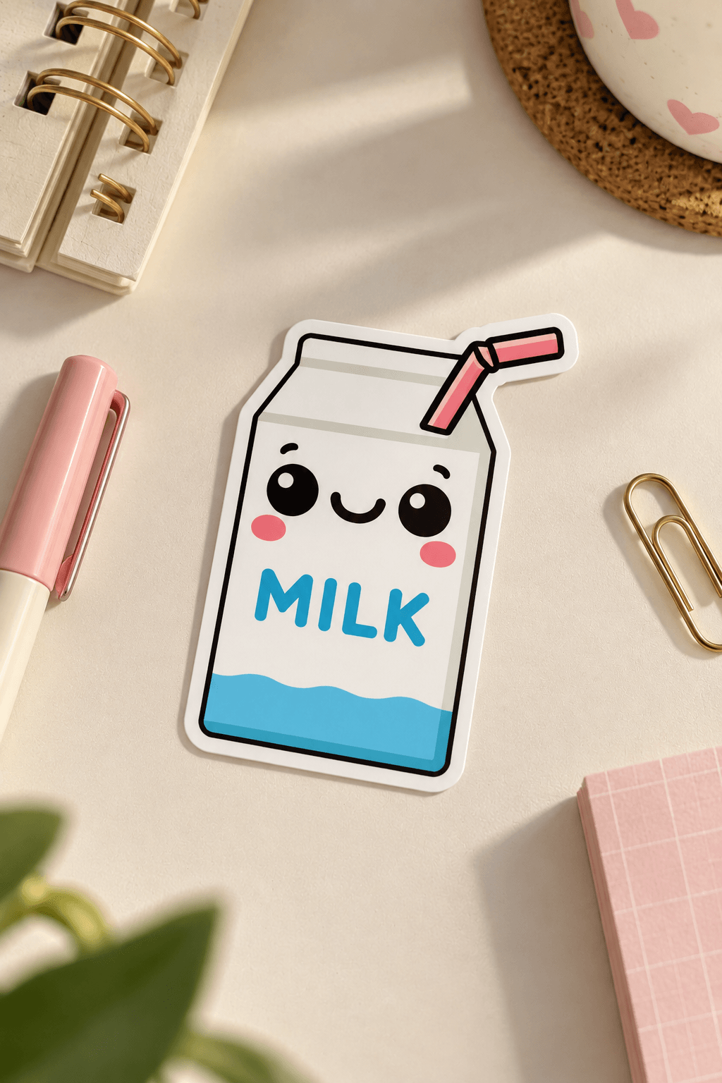A cute milk carton sticker with a smiling face, pink straw, and blue liquid details, displayed on a styled desk flat-lay with a pink pen, gold paperclip, notebook, and plant.