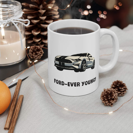 Ford-Ever Young mug featuring a stylish design with the text 'Ford-Ever Young' and a sleek Ford car illustration