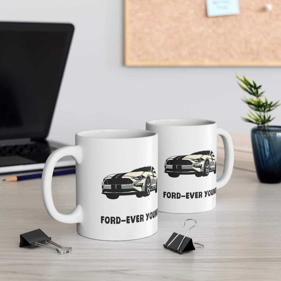 Ford-Ever Young mug featuring a stylish design with the text 'Ford-Ever Young' and a sleek Ford car illustration