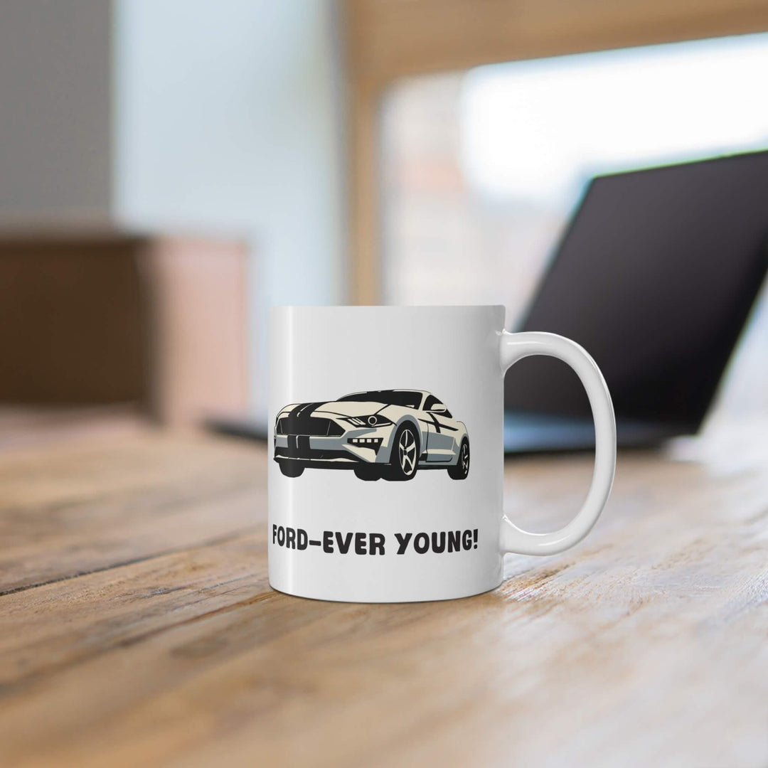 Ford-Ever Young mug featuring a stylish design with the text 'Ford-Ever Young' and a sleek Ford car illustration