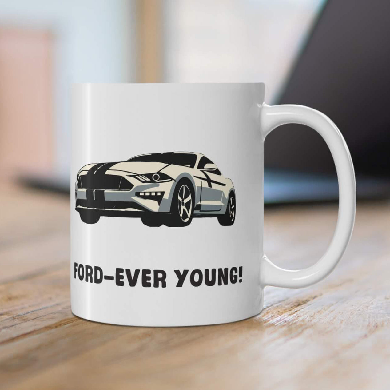 Ford-Ever Young mug featuring a stylish design with the text 'Ford-Ever Young' and a sleek Ford car illustration