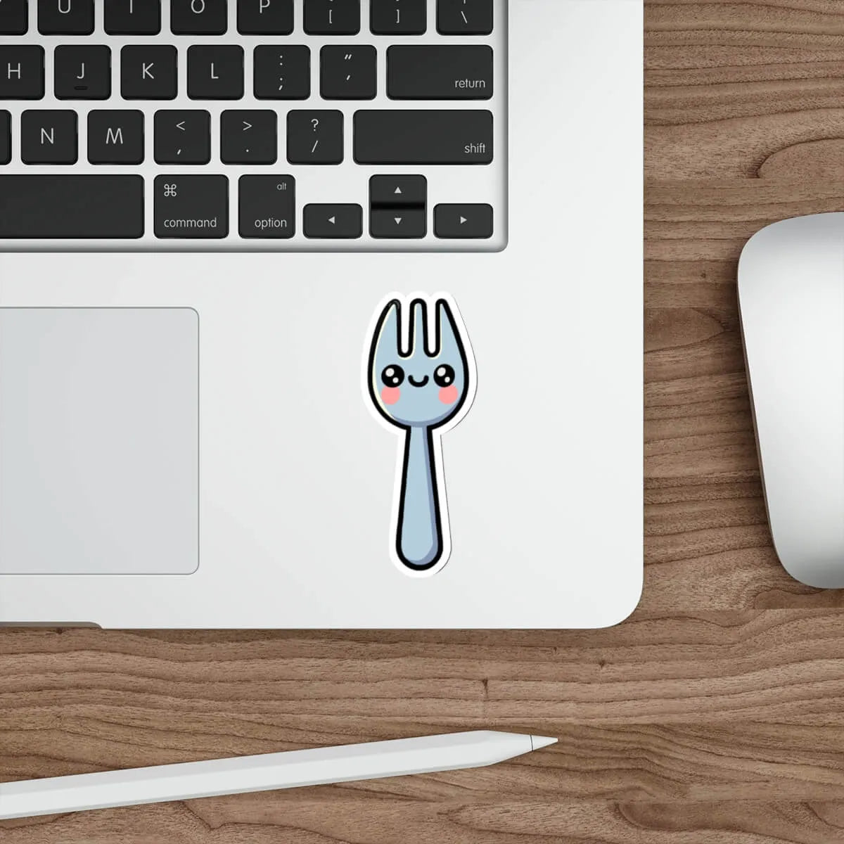 A cute and playful die-cut spork sticker featuring a smiling cartoon spork with rosy cheeks. The sticker has a bold black outline and is designed for durability, making it ideal for decorating laptops, notebooks, water bottles, and more. Available as a single sticker, a pack of 3, or a pack of 6. Waterproof and long-lasting.