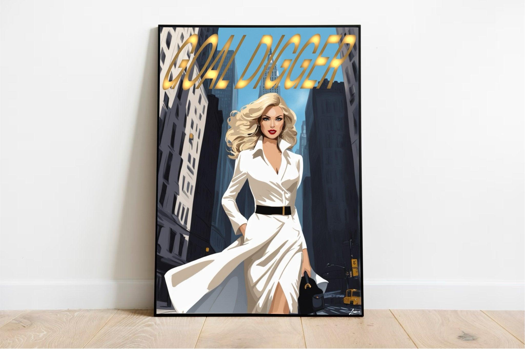 Picture this: a captivating framed poster resting against a wall. It showcases a confident blonde woman in a chic white dress, effortlessly making her way through the bustling streets of New York City. Towering buildings frame her journey, accentuating the bold and catchy title "GOLD DIGGER" sparkling in gold letters. The juxtaposition of muted grays and vibrant whites adds drama to this stunning piece from the 'Goal Digger': A New York Sophisticate's Journey in Contemporary Print collection. This artwork i