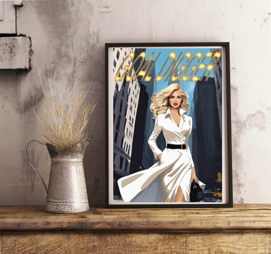 Picture this: a captivating framed poster resting against a wall. It showcases a confident blonde woman in a chic white dress, effortlessly making her way through the bustling streets of New York City. Towering buildings frame her journey, accentuating the bold and catchy title "GOLD DIGGER" sparkling in gold letters. The juxtaposition of muted grays and vibrant whites adds drama to this stunning piece from the 'Goal Digger': A New York Sophisticate's Journey in Contemporary Print collection. This artwork i