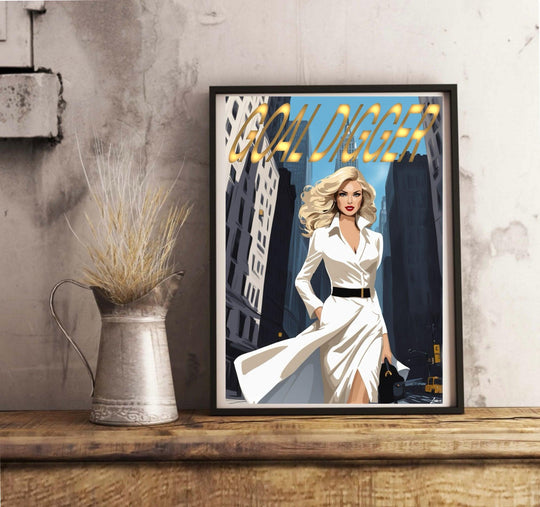 Picture this: a captivating framed poster resting against a wall. It showcases a confident blonde woman in a chic white dress, effortlessly making her way through the bustling streets of New York City. Towering buildings frame her journey, accentuating the bold and catchy title "GOLD DIGGER" sparkling in gold letters. The juxtaposition of muted grays and vibrant whites adds drama to this stunning piece from the 'Goal Digger': A New York Sophisticate's Journey in Contemporary Print collection. This artwork i