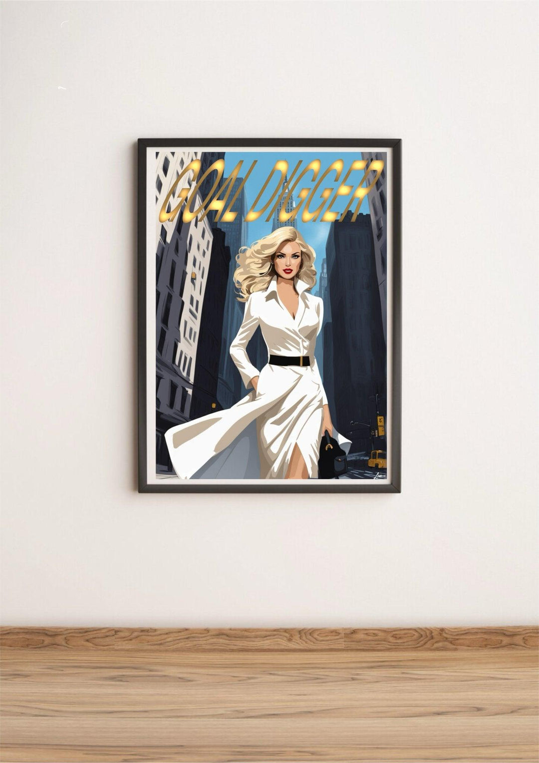 Picture this: a captivating framed poster resting against a wall. It showcases a confident blonde woman in a chic white dress, effortlessly making her way through the bustling streets of New York City. Towering buildings frame her journey, accentuating the bold and catchy title "GOLD DIGGER" sparkling in gold letters. The juxtaposition of muted grays and vibrant whites adds drama to this stunning piece from the 'Goal Digger': A New York Sophisticate's Journey in Contemporary Print collection. This artwork i