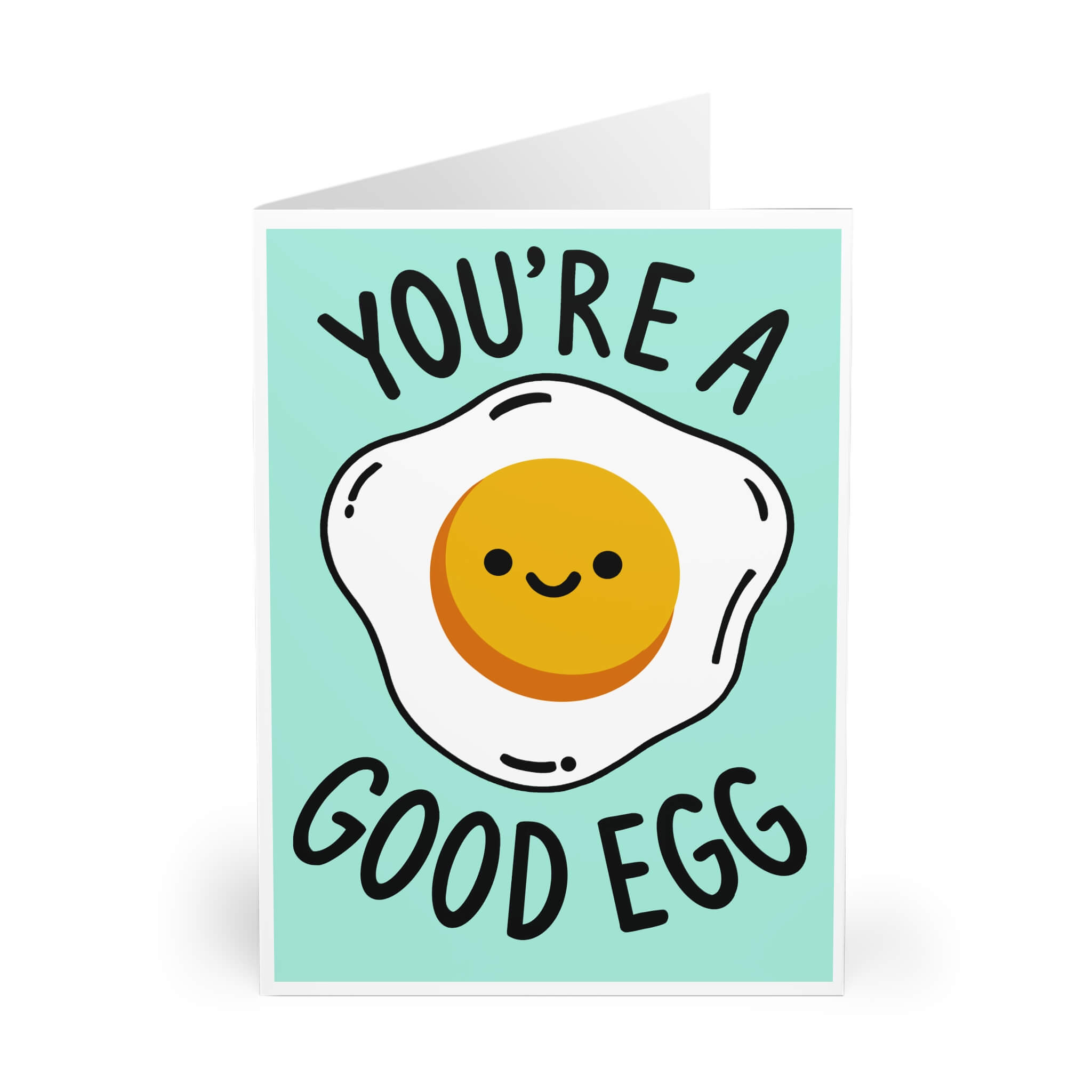 Greeting card with a smiley egg illustration and text 'You're a good egg' on a light blue background.