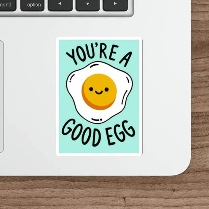A fun and playful waterproof sticker featuring a fried egg with a smiling face and the phrase "You're a Good Egg" on a pastel teal background.