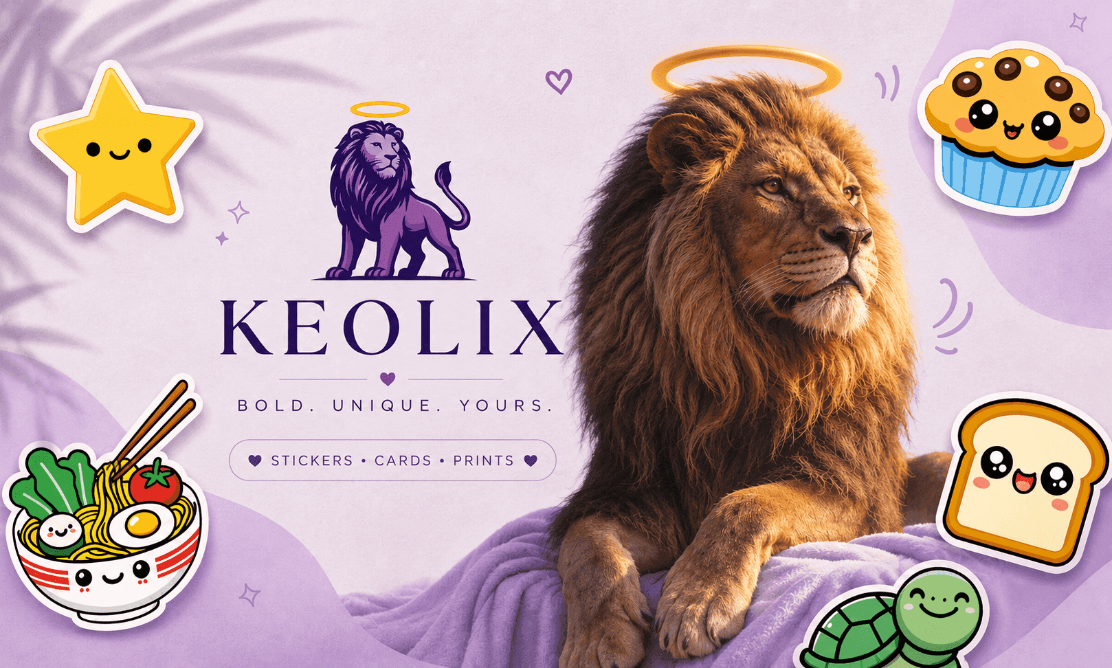 Lion with a halo, surrounded by various illustrations on a purple background, featuring the brand 'KEOLIX'.