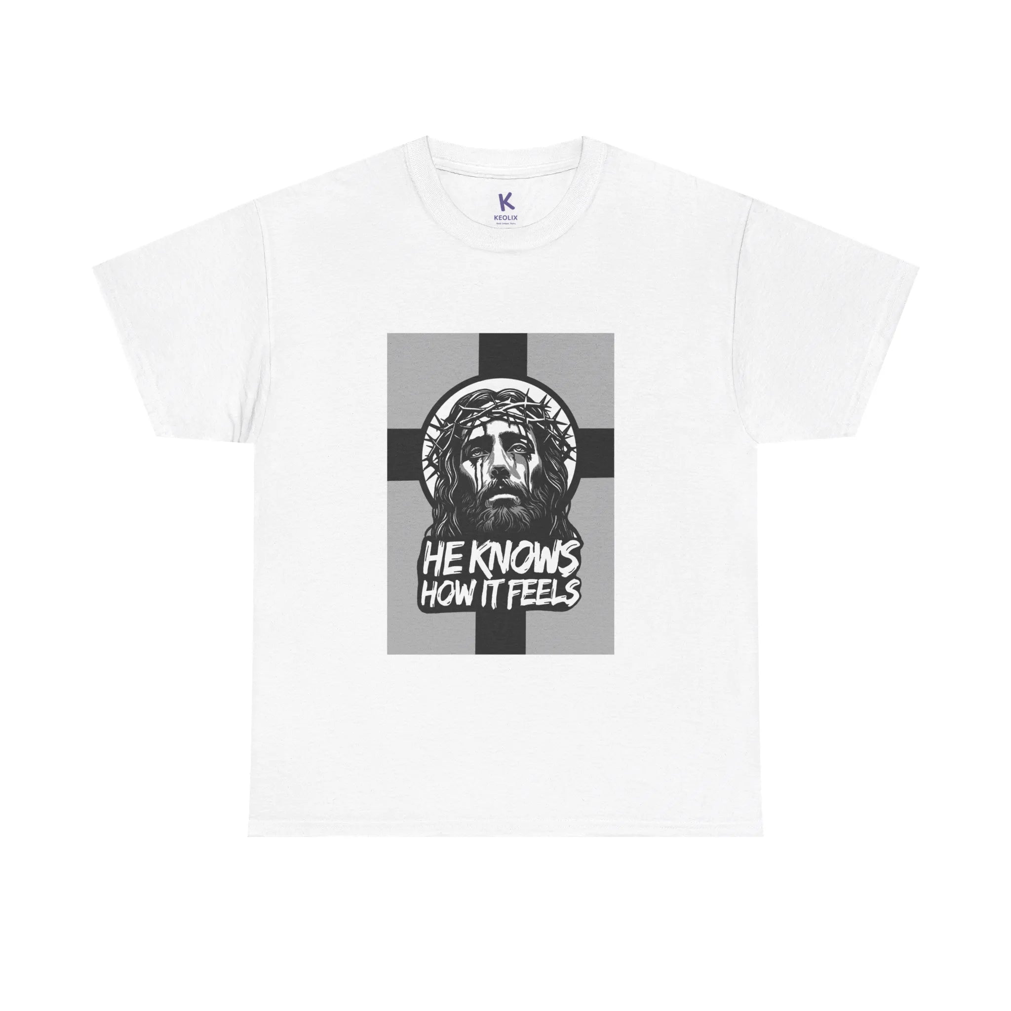 White Christian T-shirt featuring a monochrome Jesus design with the phrase "He Knows How It Feels," symbolizing faith, resilience, and divine understanding.

