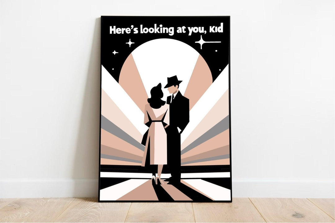 Introducing the 'Here's Looking at You, Kid' - Minimalist Movie Poster! This stylish piece leans gracefully against your wall, showcasing a chic, geometric design of a vintage couple locking eyes. Taking inspiration from the classic film Casablanca, this artwork captures the iconic phrase at the top and comes alive with earthy tones and radiating lines for an eye-catching dramatic flair. Perfect for any cinephile or art enthusiast looking to add a touch of nostalgia to their space!