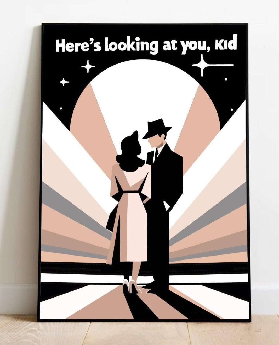 Introducing the 'Here's Looking at You, Kid' - Minimalist Movie Poster! This stylish piece leans gracefully against your wall, showcasing a chic, geometric design of a vintage couple locking eyes. Taking inspiration from the classic film Casablanca, this artwork captures the iconic phrase at the top and comes alive with earthy tones and radiating lines for an eye-catching dramatic flair. Perfect for any cinephile or art enthusiast looking to add a touch of nostalgia to their space!