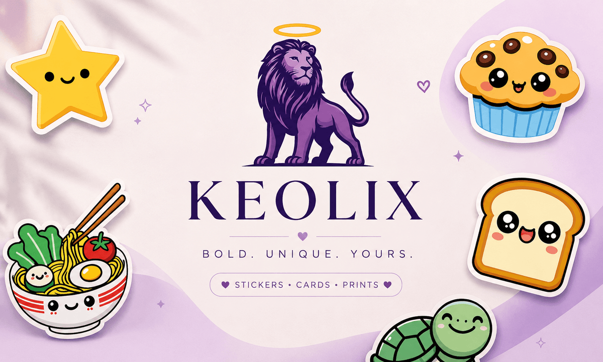 KEOLIX branding with a lion logo, cute illustrations, and text on a purple background