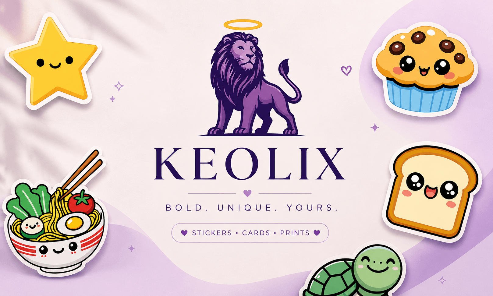 KEOLIX branding with a lion logo, cute illustrations, and text on a purple background