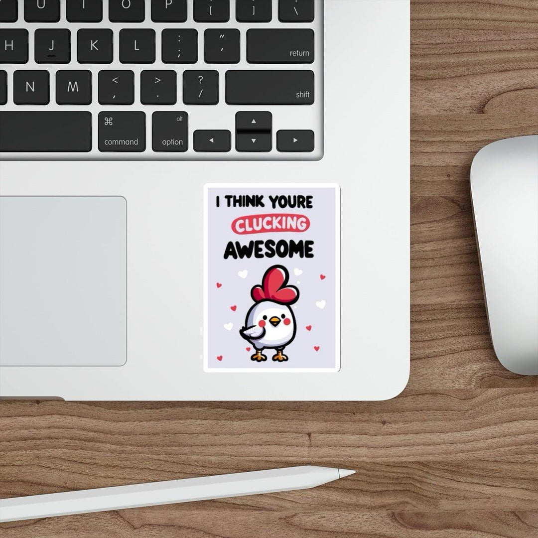 A sticker with a graphic of a chicken wearing a heart-shaped hat and text &