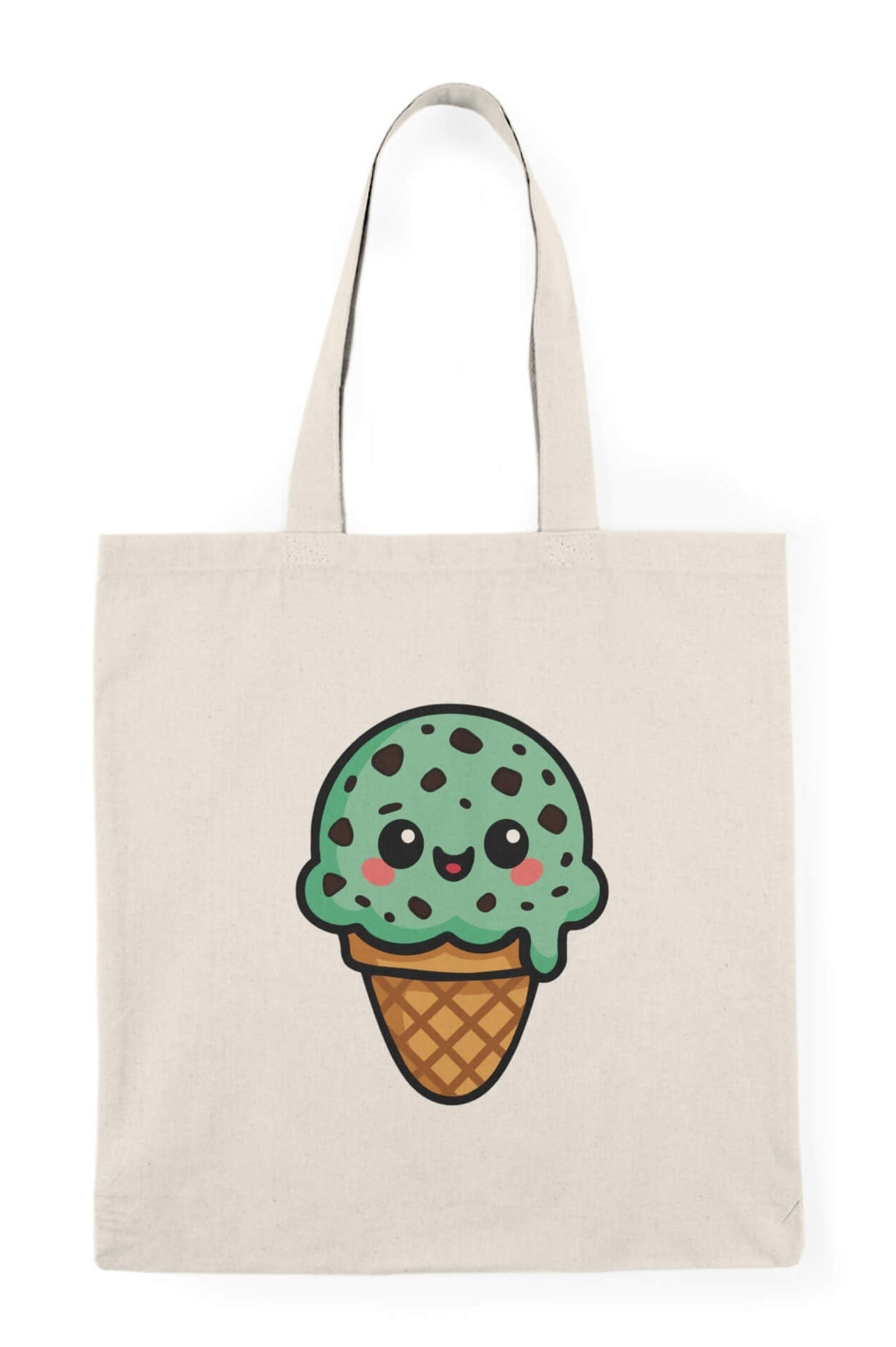 White cotton tote bag with mint choco chip kawaii ice cream design – “You’re Mint” pun bag with cute cartoon face, perfect for gifts and everyday use.