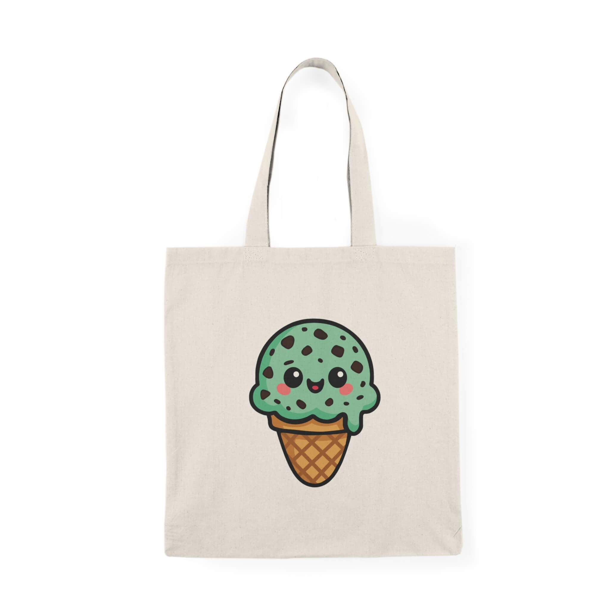 White cotton tote bag with mint choco chip kawaii ice cream design – “You’re Mint” pun bag with cute cartoon face, perfect for gifts and everyday use.