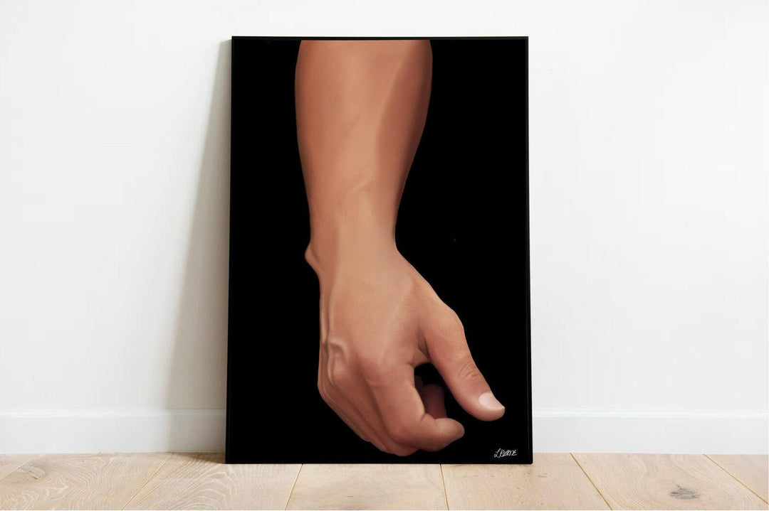 Introducing the "Detailed Realism - Exquisite Hand and Forearm Artwork," a mesmerizing A3-sized masterpiece that brings art to life! Imagine a beautifully detailed right hand resting gracefully on a light wooden floor, set against the striking contrast of a solid black background. The relaxed fingers, slightly curled as they lean gently against a crisp white wall, are captured in stunning clarity with its high-gloss finish. This artwork is perfect for those who appreciate the finer details and want to add a